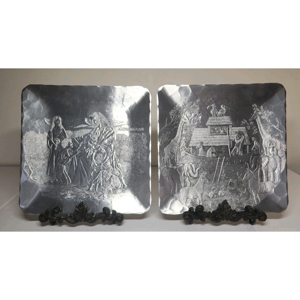 Set Of 2 Wendell August Forged Trays Jesus Loves The Children & Noah's Ark 9"x9"